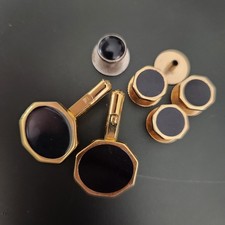 Hexagon Gold  Black Formal Cuff Links Dress Shirt Studs Prom Tux Groom Read