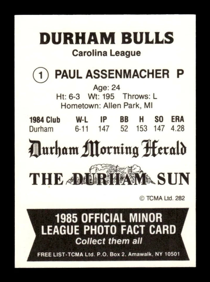 1985 TCMA Durham Bulls 1 Paul Assenmacher signed auto autograph  BXCP10 - Image 2 of 2