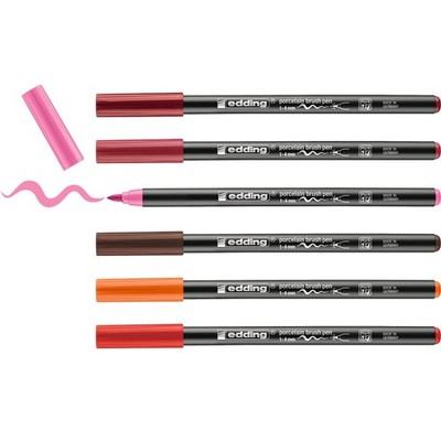 edding 4200 porcelain brush pen - 3x red, orange, brown, pink - 6 pens - brush n