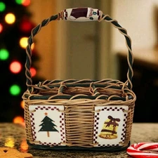 Vtg Christmas Tiles Bamboo/Wicker Basket Utensil Caddy Storage Organizer 13"T EC