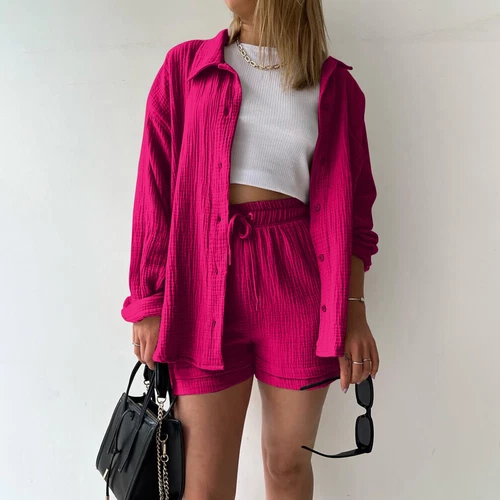 Sommer Damen Musselin Bluse Shirt und Shorts Kleidung Set Strand Outfit Zweiteiler - Bild 14 von 45