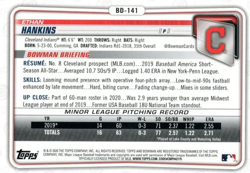 Ethan Hankins Cleveland Indians 2020 Bowman Draft Card - Picture 2 of 2