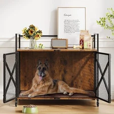 Heavy Duty Wooden Dog Crate Furniture with Lockable 360° Wheels, Indoor Kennel