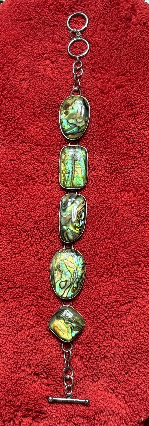 Vintage Abalone Shell Sterling Silver Bracelet wi… - image 1