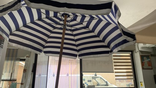 Ombrellone in Legno da Spiaggia con Custodia - Striscia Bianco e Blu- Verde