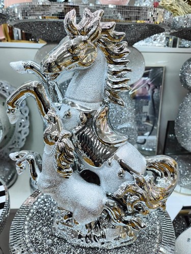Silver Chrome Crushed Diamond Horse Crystal Ornament Statue Shelf Décor - Picture 2 of 5