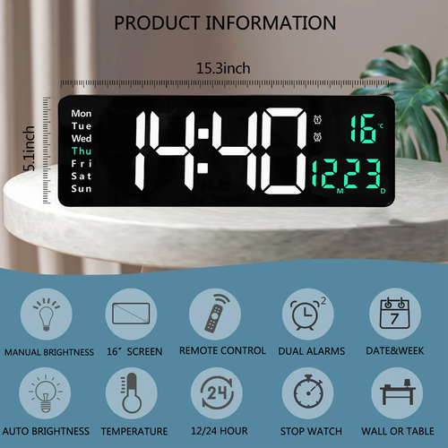 Large Digital Wall Clock with Remote Control, 16 Inch LED Display Count up & dow - Picture 6 of 12