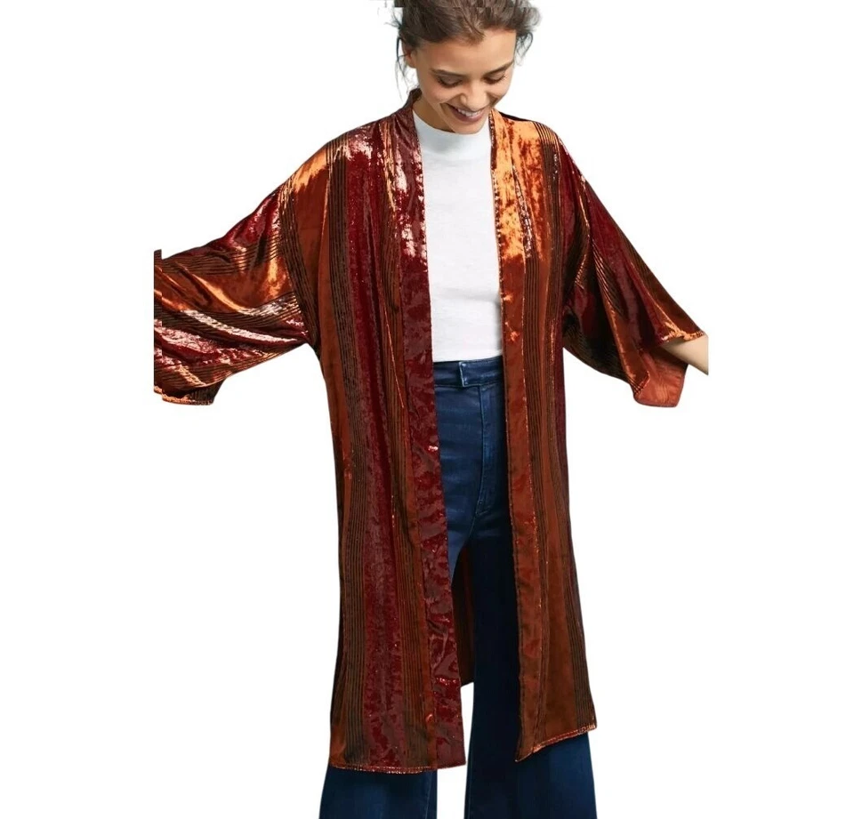 Женская куртка Anthropologie ett twa XS медная длинная бархатное кимоно с мерцанием богемное - Изображение 3 из 4