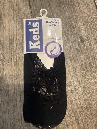New Keds Kedette Women's 2 Pairs Low Socks Black Lace Cotton Blend Sz 4-10