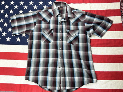 Ely Plains Western Hemd grau rot kariert Vintage Perlen Druckknopf Cowboy Rockabilly L