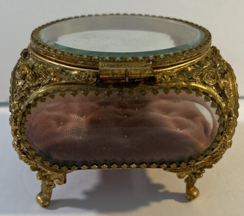 Antique Victorian Filigree Ormolu Beveled Glass Jewelry Casket Box 5x5x4” Pink - Picture 4 of 10