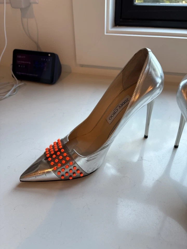 Jimmy Chop Women’s Silver Heels With Orange Accent Size 39 1/2 - Image 2 of 4