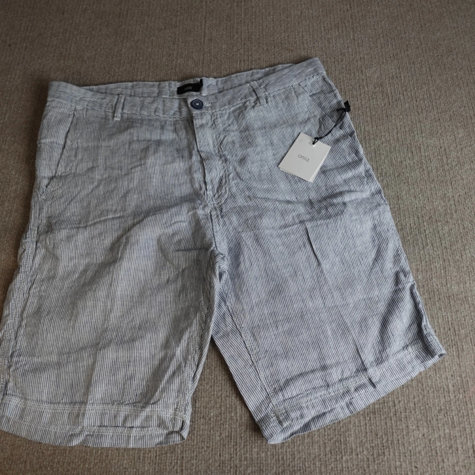 Onia Shorts 38 Blue 100% Linen Hickory Stripe 10" in NEW