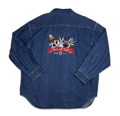 Vintage Warner Bros Looney Tunes That s All Folks Denim Shirt Adult XXL 2000 Y2K