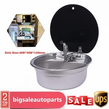 RV Caravan Camper Sink Stainless Steel Hand Wash Basin Sink w/Glass Lid & Faucet