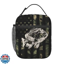 Fishing Camouflage American Flag Bass Lunch Box, Portable Insulated Lunch Bag