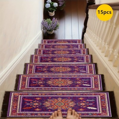 15pcs Rubber Non-Slip Stair Treads, Purple-Black Geometric Pattern Print, Easy