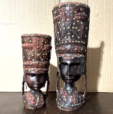 S. Voltaire, 19" & 14" African Carved Wood Tribal Sculpture Head Bust Art Pair
