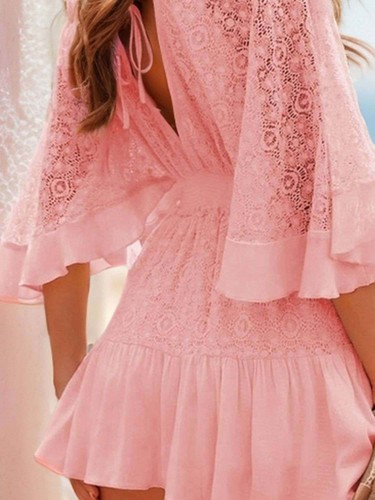 Women Ruffle Hem Lace Mini Dress with Tie Back - Picture 9 of 28