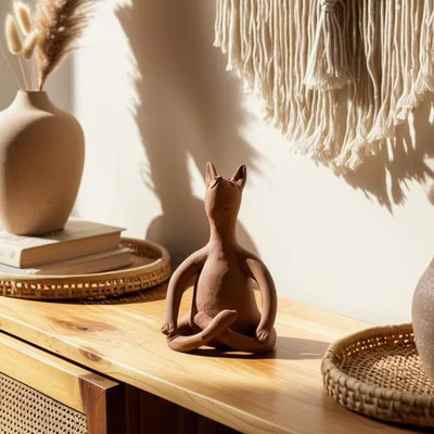 5 In. X 9 In. Brown Terracotta Pottery Novelty Om Yoga Bunny Figurine