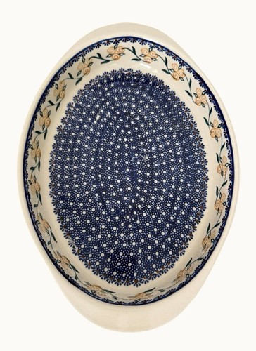 Polish Pottery Oval Baker Dish Manufaktura Boleslawiec Blue Cream Green