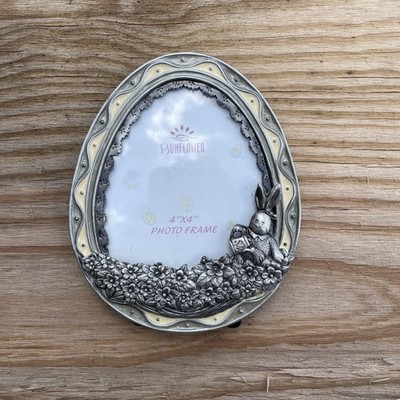Vtg Egg Shaped Sunflower Cream Enamel Picture Frame Holiday Bunny Easter Lf31
