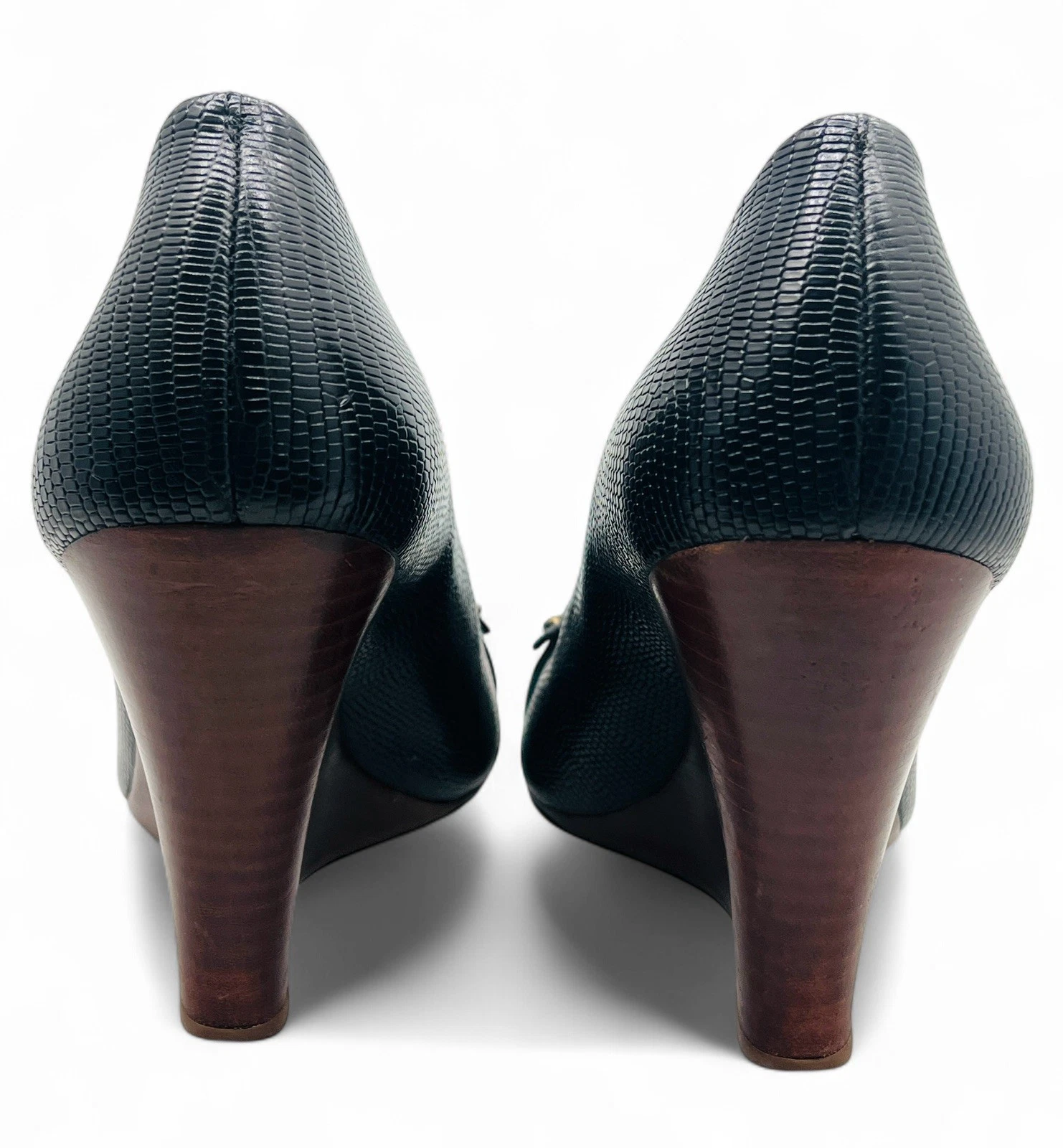 Scarpe décolleté Tory Burch Sally Peep Toe donna 7M nere pelle ciottolata tacco zeppa