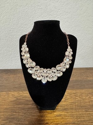 Rose Gold Tone Statement Necklace   Clear Rhinestone Bib Collar Jewerly