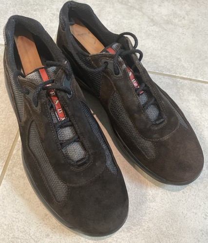 Prada Mens Americas Cup Brown Suede Leather and Black Mesh Sneakers Size 9.5 US