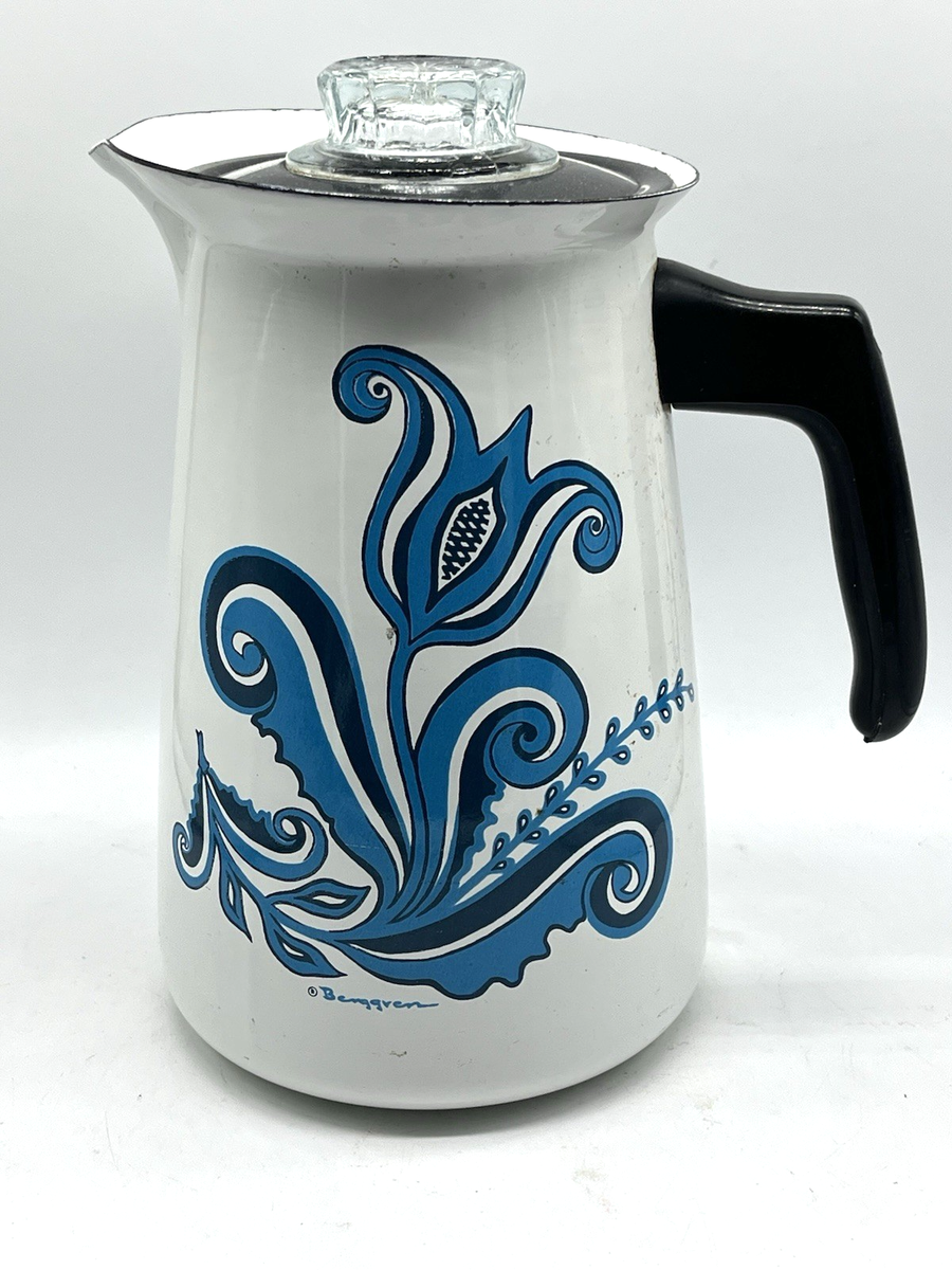 50's 1950's vintage アンティーク ハーレクイン Berggren Enamel Percolator Coffee Pot Blue Tulip Folk Art