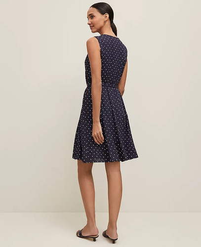 NWT $159 ANN TAYLOR NIGHT SKY WHITE DOTTED BELTED FLARE DRESS SZ 8 - Picture 2 of 3