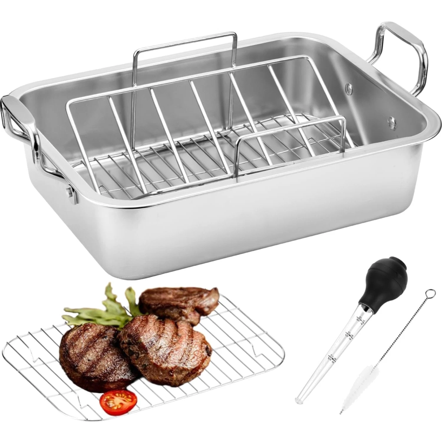Elegant 15-Inch Stainless Steel Roasting Pan Set with V-Rack & Baster Included