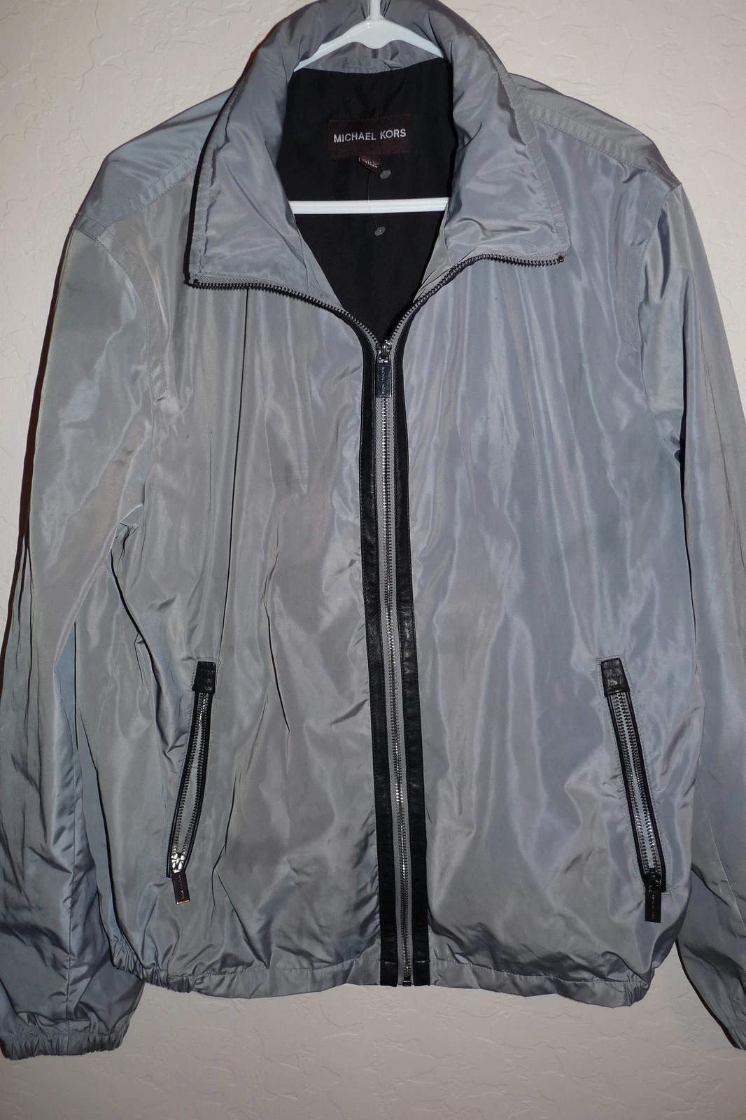 NEW Michael Kors Leather Trim Detail Zip Hooded Grey Jacket Men's Size L - product detail image 1