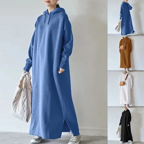 Womens Long Sleeve Fleece Hooded Sweatshirt Maxi Dress Loose Solid Hoodie Dress - Picture 2 of 21