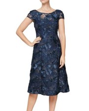 ALEX EVENINGS 14 Navy Cap Sleeve Lace Midi Dress NWT 219