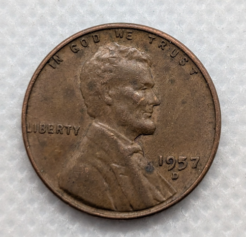 1957 D Lincoln Wheat Cent VG Die Chip in Date Mint Error Penny