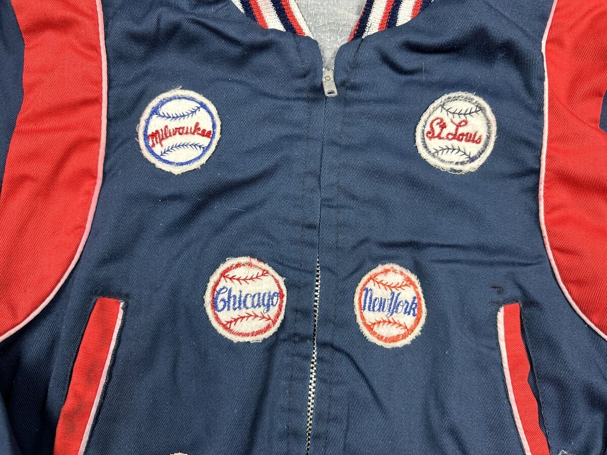 Vtg 50s 60s blue baseball bomber jacket with MLB patches Vtg 50s 60s blue baseball bomber jacket with MLB patches