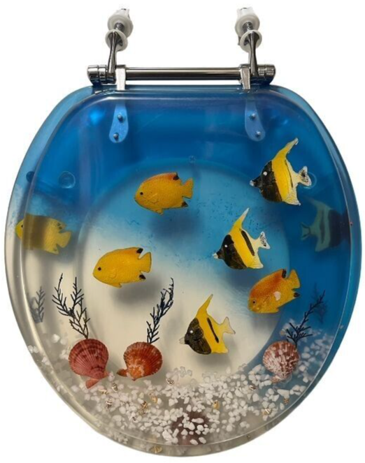 fish tank accessory toilet ELONGATED BLUE AQUARIUM AND SEASHELL RESIN SEAT, CHROME HI  Brown's Linens and Window Coverings Easy to Clean BLUE AQUARIUM STANDARD SIZE RESIN