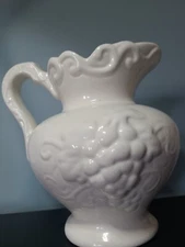 Antique California Pottery USA Wash Pitcher Grape White Pitcher 9.75 in tall