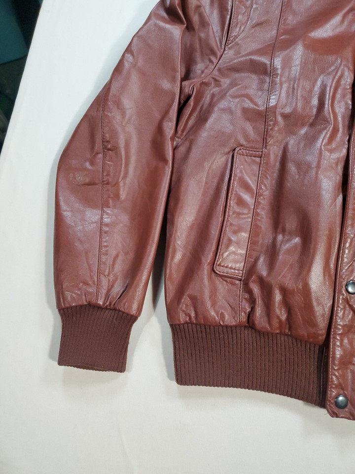 Vintage CHESS KING Leather Jacket Size 38 Red Brown Satin Lined Biker