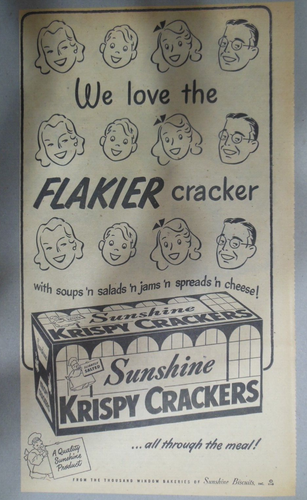 Sunshine Krispy Crackers Ad: The Flakier Cracker ! 1940's Size 9 x 15 inches B/W