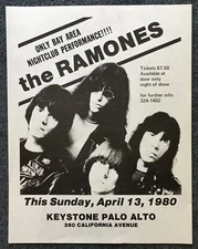 1980 Flyer The Ramones Keystone Palo Alto Punk Rock Handbill