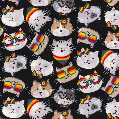 Feline Drive Fabric COOL CATS Tossed Cat Heads Black - Sold by the Yard