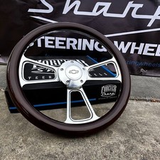 14 Inch Polished Billet Muscle Steering Wheel W Dark Mahogany Grip - Chevy Horn
