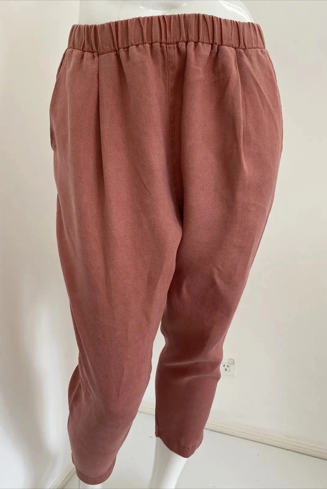 Nyne NZ 12 Washed Terracotta Pure Linen Cropped 3/4 Pants Pockets Elastic Waist