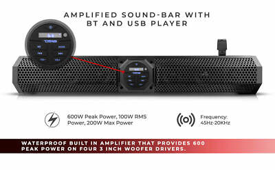 DS18 SB24BT 24'' 600 Watt Amplified Marine Sound Bar Bluetooth Soundbar System
