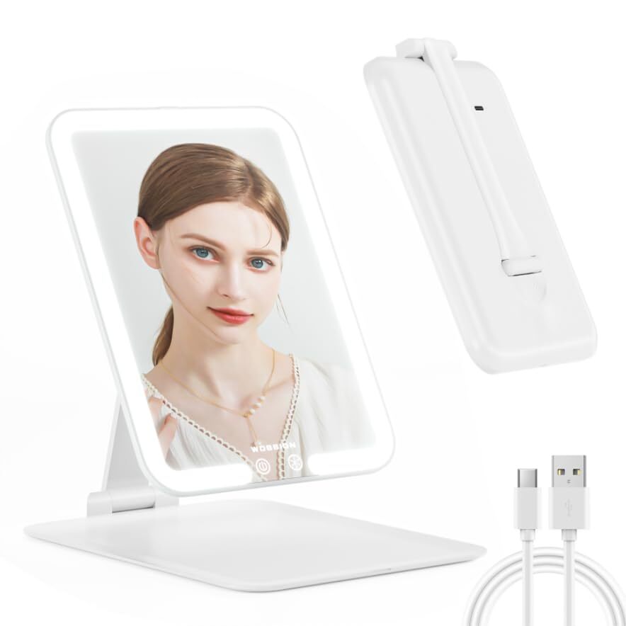 Portable Folding Rechargeable Travel Makeup Mirror 7.4x5.1in LED Lighted-image