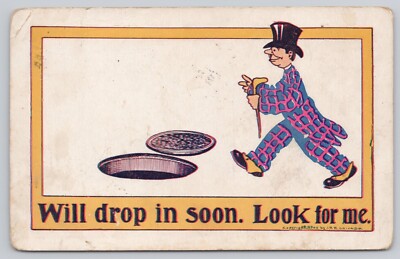 Vtg Post Card ''Will Drop In Soon'' Humor Cartoon F479