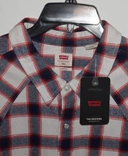 NWT Levis Western Style Plaid Flannel Shirt Size XXL Standard Fit White & Blue