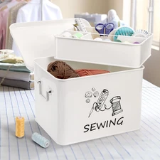 Sewing Box Removable Tray Metal Organizer Side Handles Large White Farmhouse